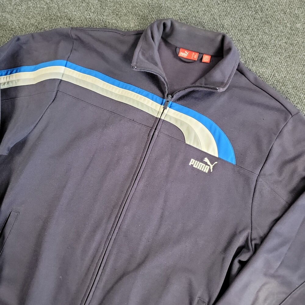 Men's PUMA Long Sleeve Full Zip Jacket Sweatshirt in Blue White Logo Size Large